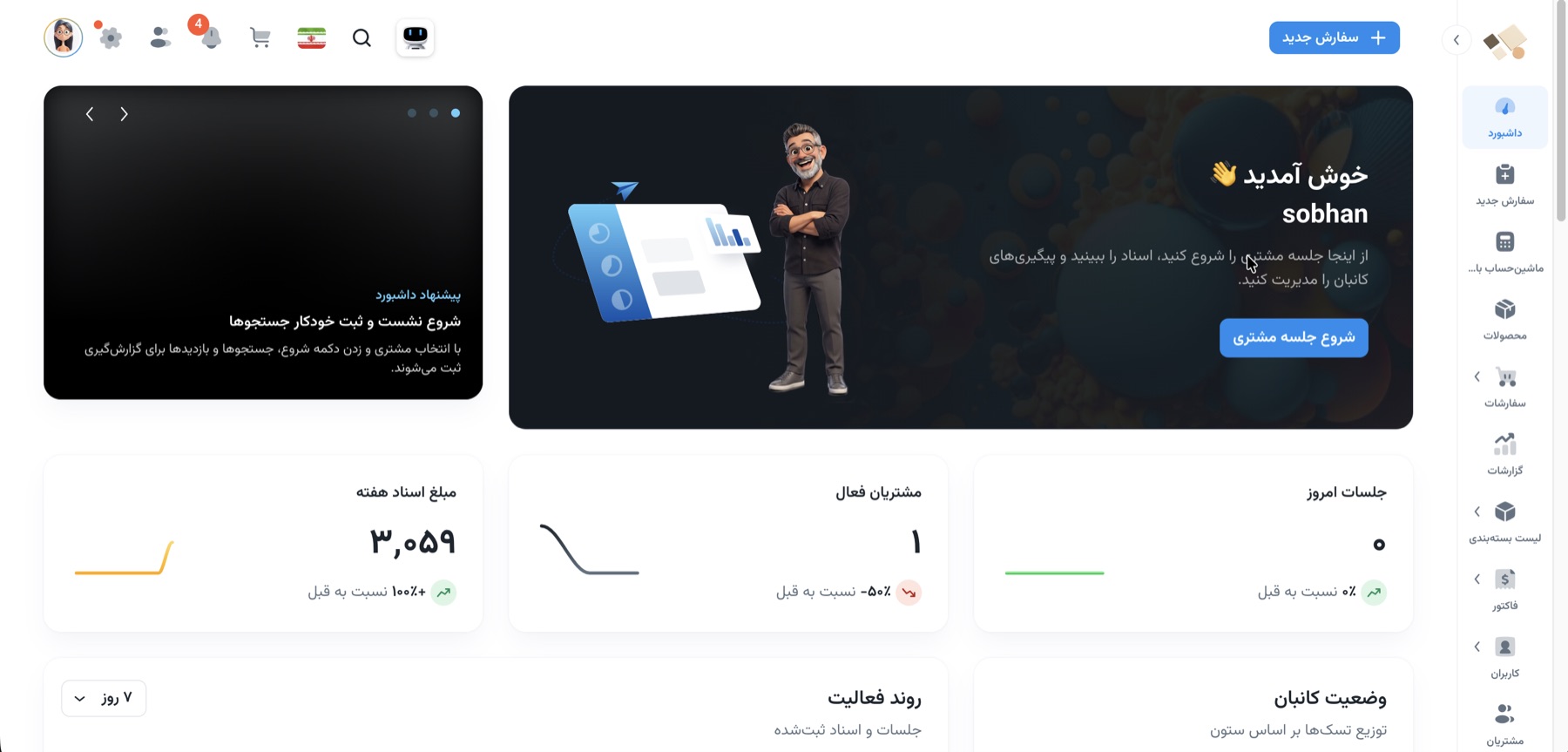 داشبورد: جلسات مشتری، اسناد و وضعیت کانبان